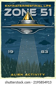 Zone 51 colorful vintage poster UFO flying saucers in paranormal area planet earth or human and alien contact vector illustration