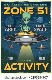 Zone 51 poster colorful vintage alien activity in UFO area after arrival of Martians from distant galaxy vector illustration