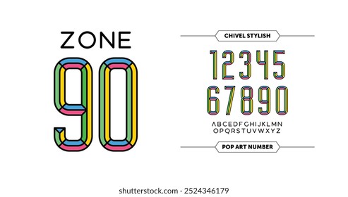 Zone 90: Bold chisel-style numbers in vibrant 90s colors—blue, green, yellow, and pink with black outlines. Perfect for retro-themed designs on a clean white background. Vector illustration