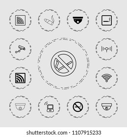 Zone icon. collection of 13 zone filled and outline icons such as smoking area, no smoking, security camera, wi-fi, security camera. editable zone icons for web and mobile.