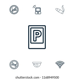 Zone icon. collection of 7 zone outline icons such as parking, no smoking, wi-fi, laptop signal, security camera. editable zone icons for web and mobile.