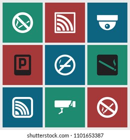 Zone icon. collection of 9 zone filled icons such as security camera, wi-fi, no smoking, parking, smoking area. editable zone icons for web and mobile.