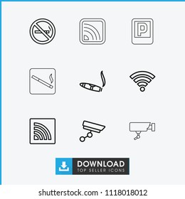 Zone icon. collection of 9 zone outline icons such as no smoking, cigarette, wi-fi, security camera, parking, smoking area. editable zone icons for web and mobile.