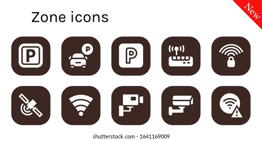 zone icon set. 10 filled zone icons.  Simple modern icons such as: Parking, Wifi, Wifi signal, Signal, Cctv