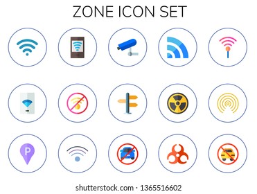 zone icon set. 15 flat zone icons.  Collection Of - wifi, free wifi, no wifi, security camera, signal, radioactive, wireless internet, parking, no parking, biohazard