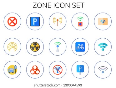 zone icon set. 15 flat zone icons.  Simple modern icons about  - no parking, wireless internet, parking, radioactive, wifi, biohazard, no wifi