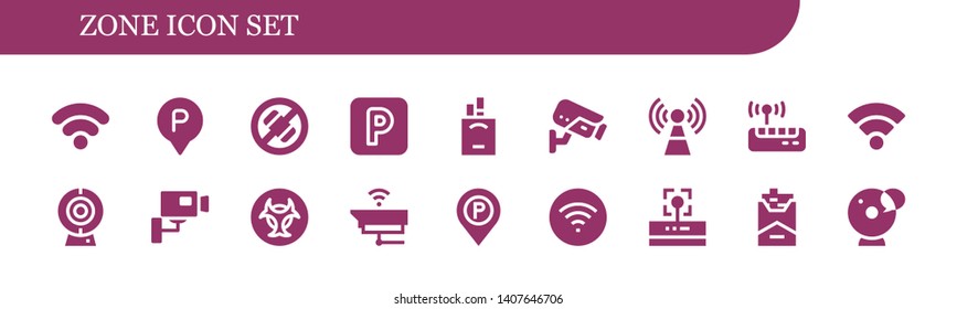 zone icon set. 18 filled zone icons.  Simple modern icons about  - Wifi signal, Parking, No phone, Cigarettes, Cctv, Signal, Wifi, Cam, Biohazard, Parking sign, Cigarette