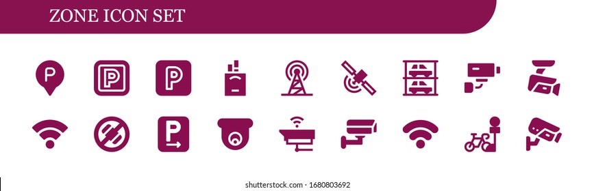 conjunto de iconos de zona. 18 iconos de zona rellenos. Incluye estacionamiento, cigarrillos, señal, estacionamientos, cámara de seguridad, Cctv, Wifi, teléfono, iconos de señal Wifi
