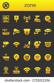zone icon set. 26 filled zone icons. Included Parkings, No phone, Parking, Signal, Cctv, Wifi, Surveillance, Security camera, Wifi signal, Cam, Biohazard, Cigarette icons