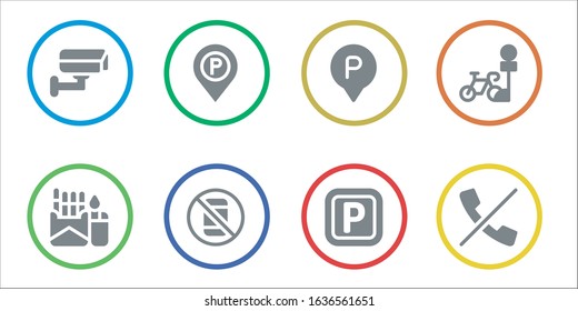 zone icon set. 8 filled zone icons. Included Cctv, Cigarette, Parking sign, No phone, Parking, No calls icons