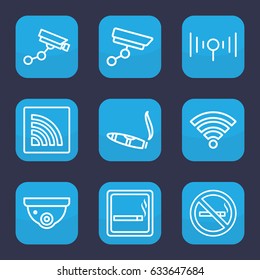 Zone icon. set of 9 outline zone icons such as smoking area, no smoking, security camera, security camera, cigarette, wi-fi