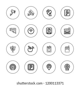 Zone icon set. collection of 16 outline zone icons with cam, cctv, cigarettes, parking sign, parking, security cam, signal, signaling, wifi signal icons.
