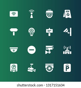 zone icon set. Collection of 16 filled zone icons included Parking, Cctv, Signal, Security camera, Parking meter, Signals, No parking, Wifi