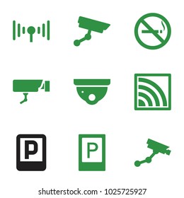 Zone icons. set of 9 editable filled zone icons such as parking, no smoking, security camera, security camera, wi-fi