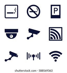 zone icons set. Set of 9 zone filled icons such as parking, smoking area, no smoking, Security camera, wi-fi, signal
