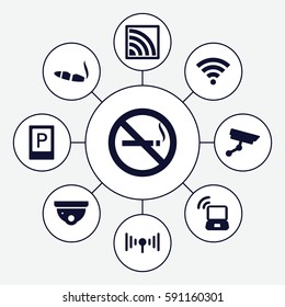 zone icons set. Set of 9 zone filled icons such as parking, no smoking, security camera, cigarette, wi-fi, signal
