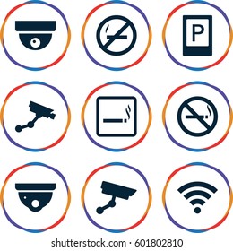 zone icons set. Set of 9 zone filled icons such as parking, smoking area, no smoking, security camera, Security camera