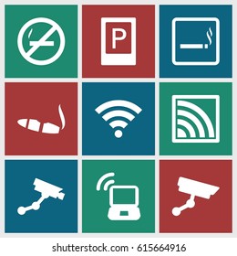 Zone icons set. set of 9 zone filled icons such as parking, smoking area, Security camera, cigarette, wi-fi, security camera, laptop signal