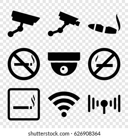 Zone icons set. set of 9 zone filled icons such as smoking area, no smoking, Security camera, cigarette, signal, wi-fi