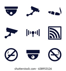 Zone icons set. set of 9 zone filled icons such as no smoking, security camera, security camera, cigarette, wi-fi