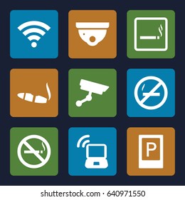Zone icons set. set of 9 zone filled icons such as parking, smoking area, no smoking, security camera, cigarette, wi-fi