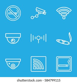 zone icons set. Set of 9 zone outline icons such as smoking area, no smoking, security camera, Security camera, cigarette, wi-fi