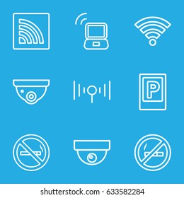 Zone icons set. set of 9 zone outline icons such as parking, no smoking, security camera, wi-fi, signal