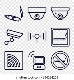 Zone icons set. set of 9 zone outline icons such as smoking area, no smoking, security camera, cigarette, wi-fi, signal