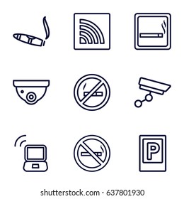 Zone icons set. set of 9 zone outline icons such as parking, smoking area, no smoking, security camera, cigarette, wi-fi