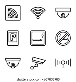 Zone icons set. set of 9 zone outline icons such as parking, smoking area, security camera, wi-fi, signal