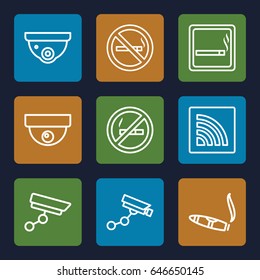 Zone icons set. set of 9 zone outline icons such as smoking area, no smoking, security camera, security camera, cigarette