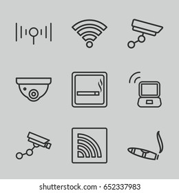 Zone icons set. set of 9 zone outline icons such as smoking area, security camera, security camera, cigarette, wi-fi, signal