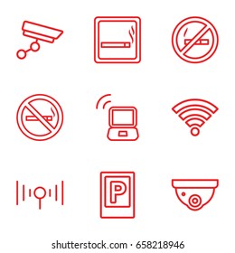 Zone icons set. set of 9 zone outline icons such as parking, smoking area, no smoking, security camera, signal, wi-fi