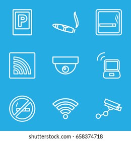 Zone icons set. set of 9 zone outline icons such as parking, smoking area, security camera, cigarette, wi-fi, laptop signal, security camera