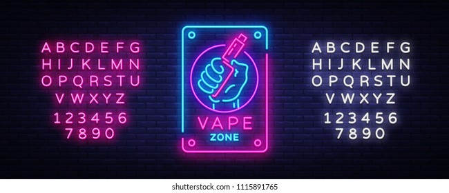 Zone Vaping neon sign vector template, light banner, bright night illustration, symbol, places for vape, electronic cigarette neon. Vector illustration. Editing text neon sign