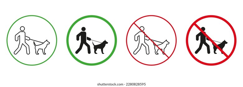 Zone for Walking Dog Red and Green Warning Signs. Male and Pet on Leash Walk Line and Silhouette Icons Set. Allowed and Prohibited Walk Animal Area Pictogram. Isolated Vector Illustration.