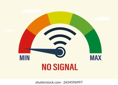 Zona sem comunicação, sem sinal wifi. Sem conexão com a Internet. Sinal sem fio indisponível, wi-fi não tem internet. Problemas com rede, conceito. Seta na escala de medição no mínimo. vetor plano
