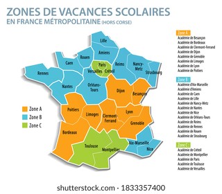 Zones de vacances scolaires en france, School holiday zones in France in french language