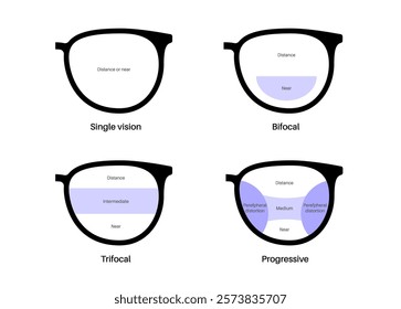 Zones of vision in eyeglass lenses. Single vision, bifocal, trifocal, multifocal and progressive lenses. Choosing eyeglasses for patients in the ophthalmology center. Human eyesight correction vector