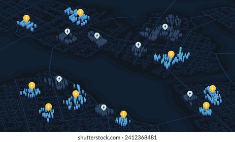 Zones without electricity for visual distinction energy networks. Visualization of power distribution, outage areas. Top view distinct city districts connected to the power grid. Isometric vector