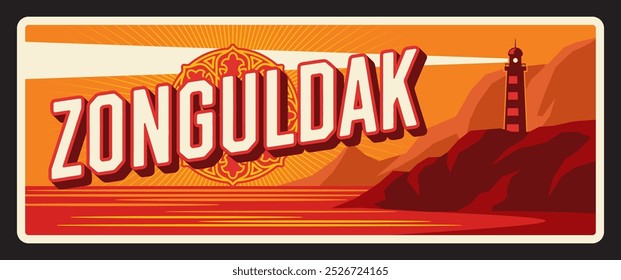 Zonguldak Turkish province retro banner with lighthouse and coastal landscape in warm orange hues. Vector travel landmark plaque or card highlights maritime scenic beauty of the Turkey il or city