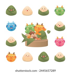 Zongzi and dragon mascot or character portrait with expression, playful and cute, vector illustration, set of elements for Dragon Boat Festival