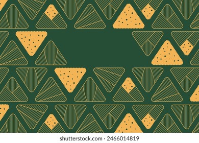 Zongzi dumplings background, Dragon Boat Festival frame with copy space, traditional food backdrop. Line art vector illustration, gold green. Asian style design. Holiday wallpaper, banner, card