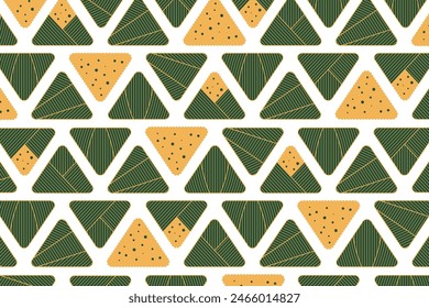 Zongzi dumplings background, Dragon Boat Festival traditional food backdrop, wallpaper. Line art vector illustration, gold green on transparent. Asian style design. Holiday banner, card, poster