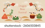 Zongzi dumplings, bamboo, drum, and colorful kites flying in sky over hills and clouds. Poster with text Dragon Boat Festival meaning traditional holiday celebration and wishes. Vector illustration.