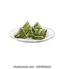 Zongzi on plate. Vintage vector hatching color hand drawn illustration isolated on white background