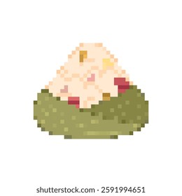 Zongzi pixel art. 8 bit Chinese dish of rice with fillings wrapped in bamboo or reed leaf.