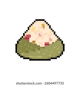 Zongzi pixel art. 8 bit Chinese dish of rice with fillings wrapped in bamboo or reed leaf.