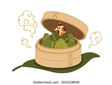 Zongzi, rice dumpling in a bamboo steamer, which stands on a green leaf of a palm tree. Concept of traditional Duanwu cuisine and food ingredients. Dragon boat festival. Vector food isolate