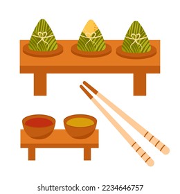 Zongzi rice dumplings dragon boat event.  Vector illustration, collection in flat design